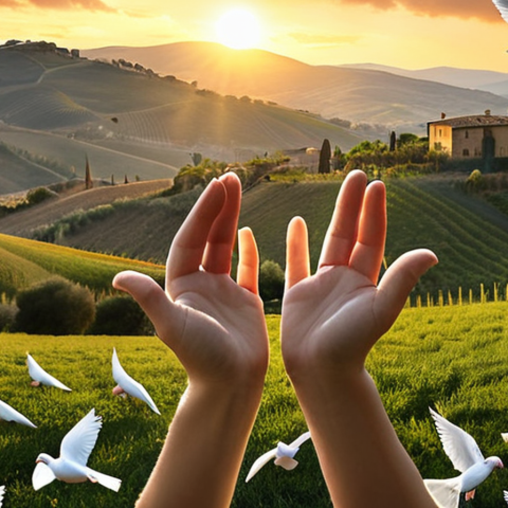 ** A person releasing a flock of doves from their open hands, set against a backdrop of dawn breaking over rolling Tuscan hills. The person's face is serene, reflecting inner peace. Style: Impressionistic painting.

**