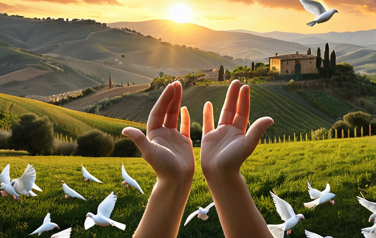 ** A person releasing a flock of doves from their open hands, set against a backdrop of dawn breaking over rolling Tuscan hills. The person's face is serene, reflecting inner peace. Style: Impressionistic painting.

**