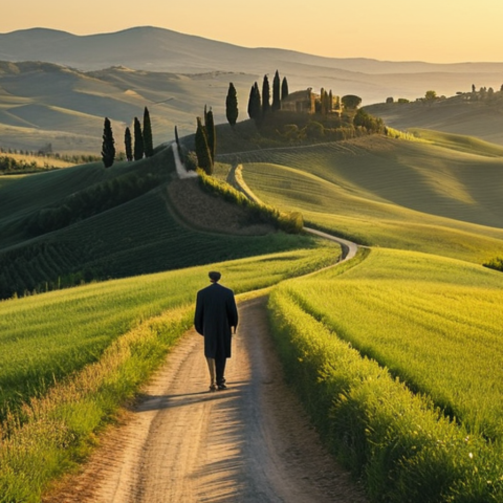 용서가 사회적 관계에 미치는 영향 - **Image of a serene Italian landscape:** "Rolling hills of Tuscany at sunset, bathed in golden light...