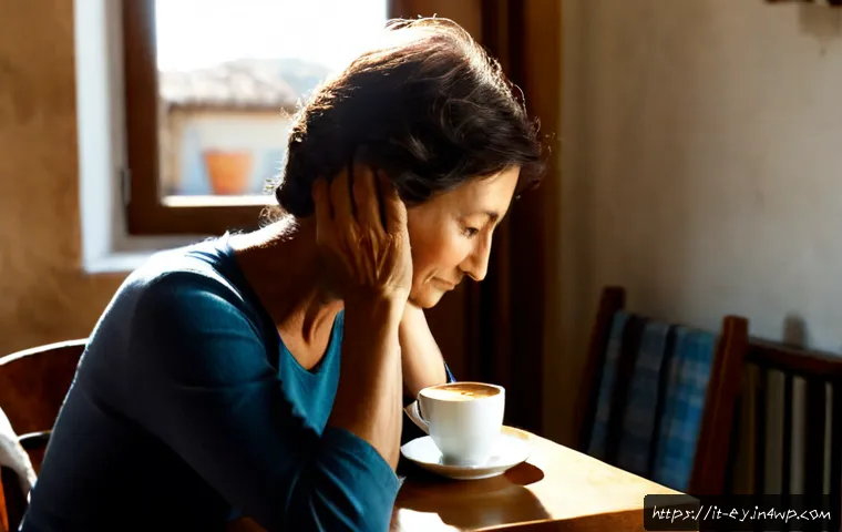 Home 13 용서의 심리적 장애물 극복 방법 - Photorealistic Italian middle-aged woman sitting quietly at a sunlit kitchen table in a warm Mediter...